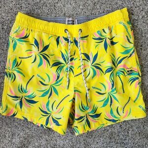 Party Pants Swim Trunks Mens Large Yellow Tropical Palm Print Excellent